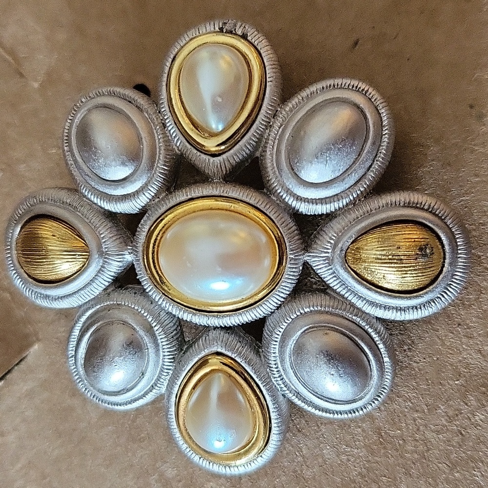 Monet Brushed Silver and Gold Pearly Brooch